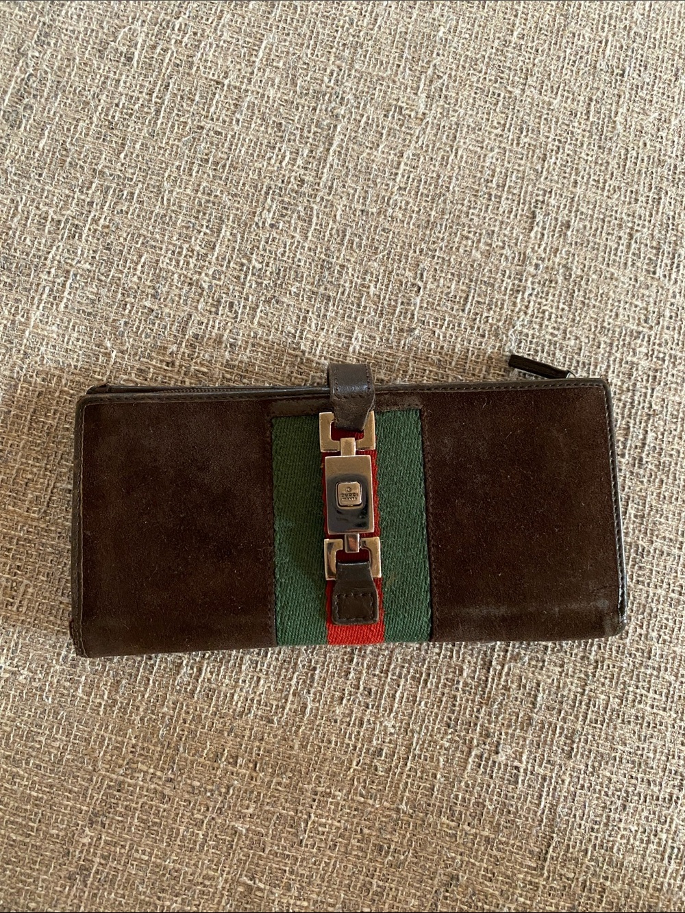 Vintage Gucci Brown Suede Wallet with Green and Red Stripe used
